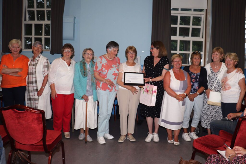 Skerries Meals on Wheels receiving their award at the SCA AGM, from left to right: Chris Corry, Tina McGee, Lucy Coleman, Frances Hanly, Ethel Birchall, Mary Fanning, Jane Landy (SCA), Hilda Heffernan, Carmel Molloy, Eithne Mallin and Kathleen Garrigan